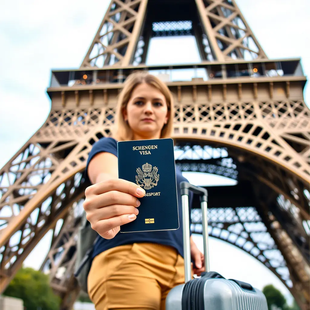 Understanding Schengen Visa: Your Guide to Travel Insurance Requirements Woman holding Schengen visa passport in front of Eiffel Tower