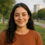 Young Spanish woman smiling outdoors in a park, representing a happy travel insurance customer